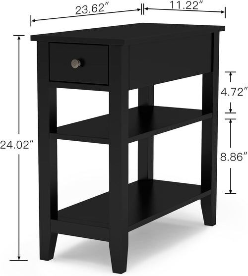 Black 3-Tier Narrow Side End Table with Drawer & Shelf for Small Living Spaces