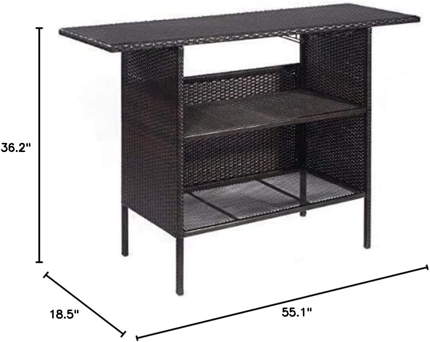 SPSUPE Outdoor Patio Rattan Bar Table, Wicker Bar Counter Table with 2 Steel Shelves and 2 Sets of Rails, 55.1"X 18.5"X 36.2" (L x W x H), Ideal for Garden, Backyard and Pool Side, Brown