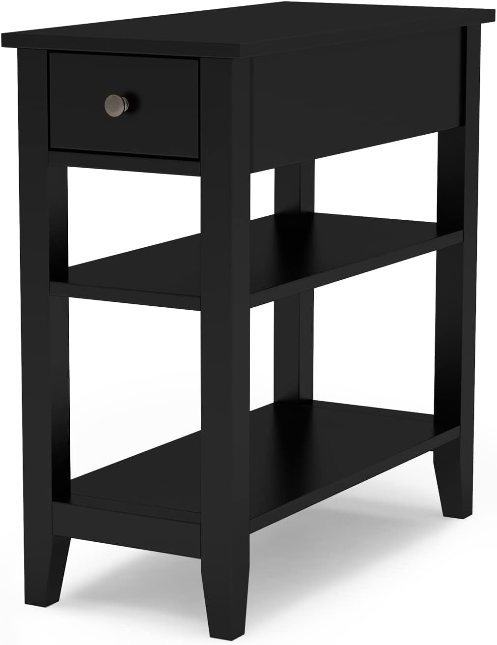 Black 3-Tier Narrow Side End Table with Drawer & Shelf for Small Living Spaces