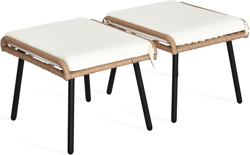 YITAHOME 2-Piece Outdoor Wicker Ottoman, All-Weather Patio Rattan Foot Rest with Cushions - Beige