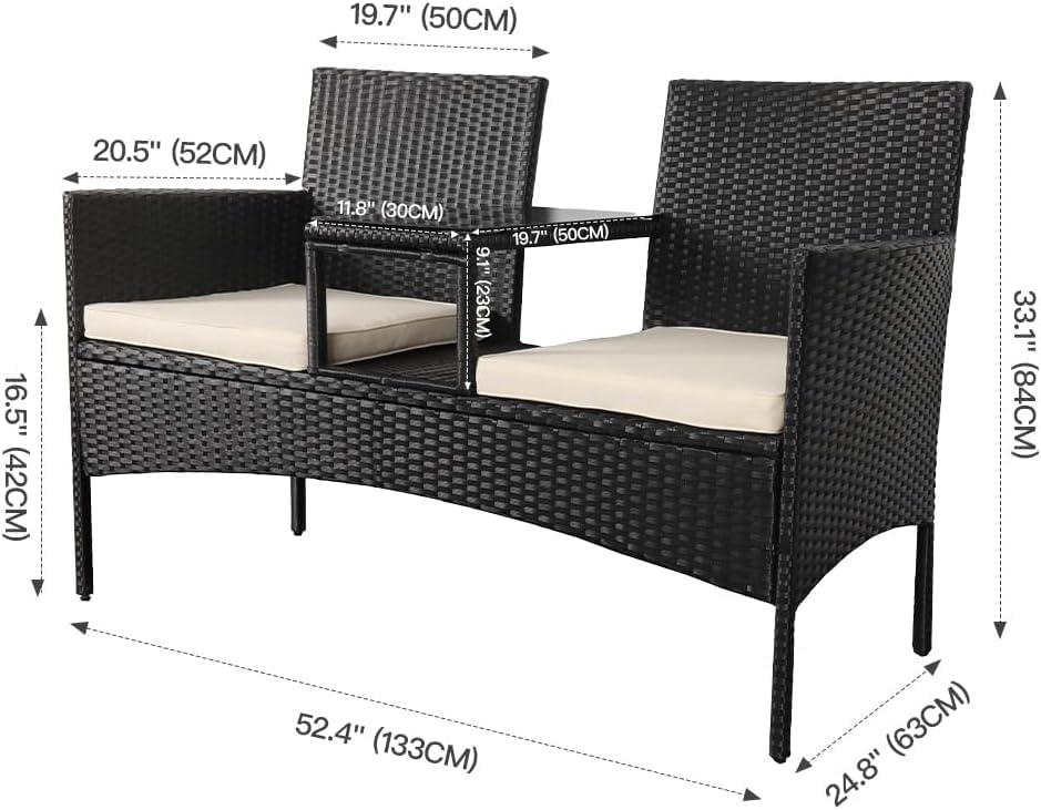 Modern Rattan Outdoor Loveseat 2-Seat Patio Conversation Set with Cushions and Built-in Coffee Table, All-Weather PE Wicker Patio Furniture for Balcony Porch Backyard (Black+White)