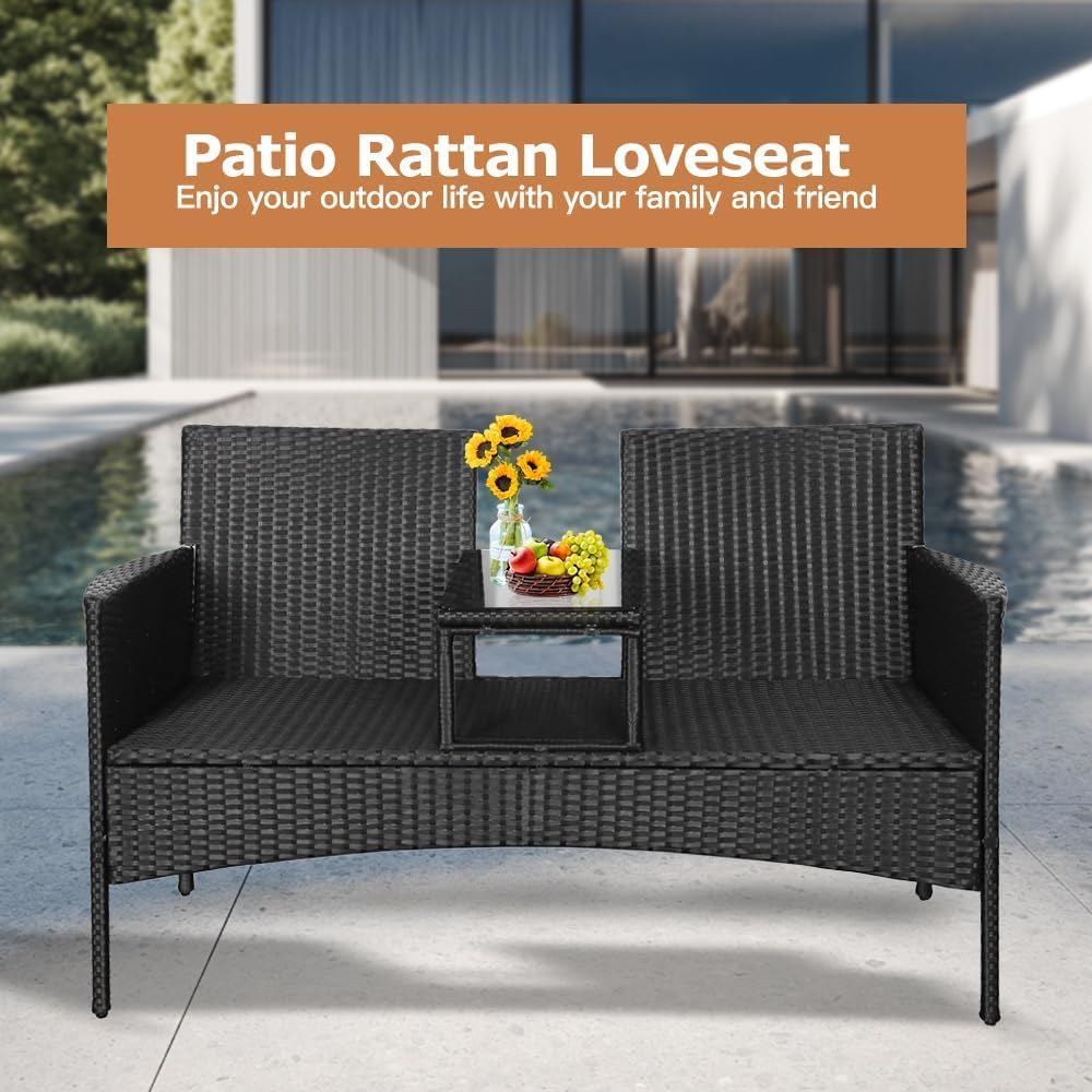 Modern Rattan Outdoor Loveseat 2-Seat Patio Conversation Set with Cushions and Built-in Coffee Table, All-Weather PE Wicker Patio Furniture for Balcony Porch Backyard (Black+Gery)