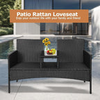 Modern Rattan Outdoor Loveseat 2-Seat Patio Conversation Set with Cushions and Built-in Coffee Table, All-Weather PE Wicker Patio Furniture for Balcony Porch Backyard (Black+Gery)
