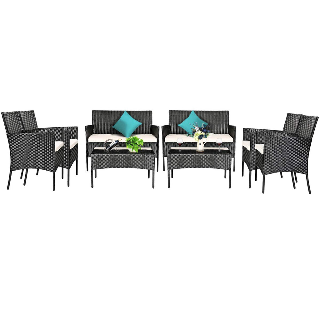 Tangkula 4 Piece Patio Furniture Set, Outdoor Wicker Conversation Set with Tempered Glass Coffee Table, Rattan Loveseat & Chairs Set with Seat Cushions for Backyard, Garden, Poolside (1, Beige)
