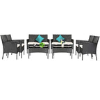 Tangkula 4 Piece Patio Furniture Set, Outdoor Wicker Conversation Set with Tempered Glass Coffee Table, Rattan Loveseat & Chairs Set with Seat Cushions for Backyard, Garden, Poolside (1, Beige)