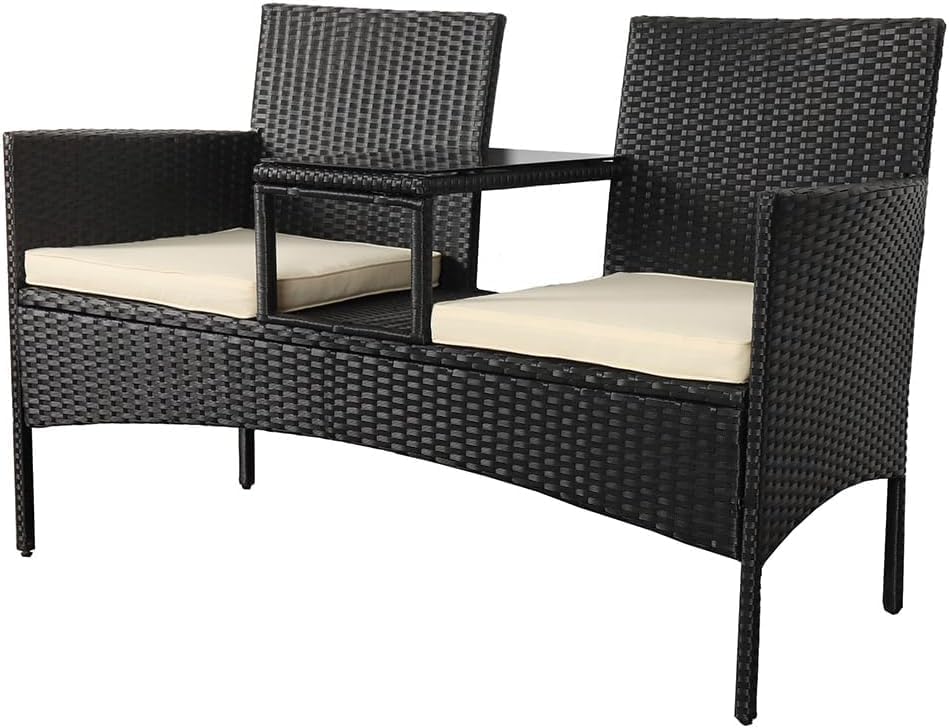 Modern Rattan Outdoor Loveseat 2-Seat Patio Conversation Set with Cushions and Built-in Coffee Table, All-Weather PE Wicker Patio Furniture for Balcony Porch Backyard (Black+White)