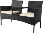 Modern Rattan Outdoor Loveseat 2-Seat Patio Conversation Set with Cushions and Built-in Coffee Table, All-Weather PE Wicker Patio Furniture for Balcony Porch Backyard (Black+Gery)