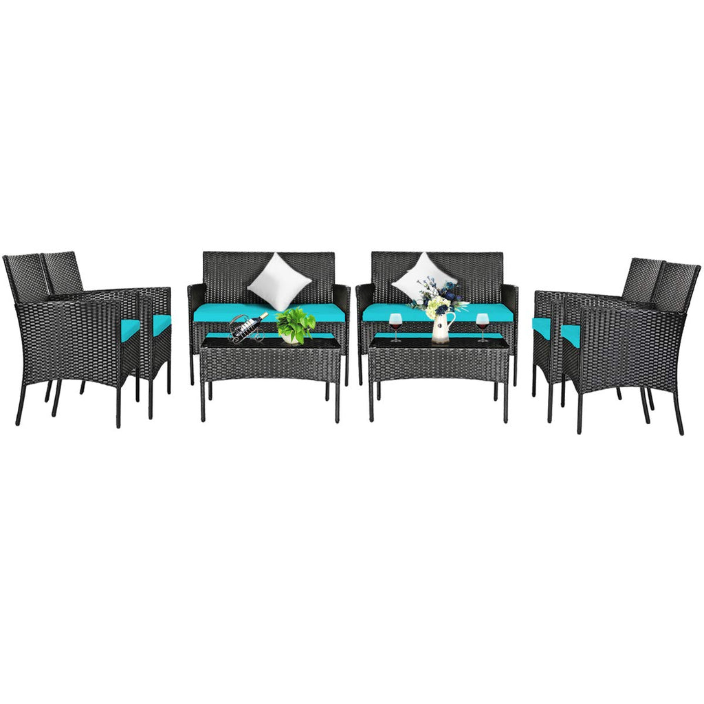Tangkula 4 Piece Patio Furniture Set, Outdoor Wicker Conversation Set with Tempered Glass Coffee Table, Rattan Loveseat & Chairs Set with Seat Cushions for Backyard, Garden, Poolside (1, Beige)