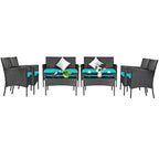 Tangkula 4 Piece Patio Furniture Set, Outdoor Wicker Conversation Set with Tempered Glass Coffee Table, Rattan Loveseat & Chairs Set with Seat Cushions for Backyard, Garden, Poolside (1, Beige)