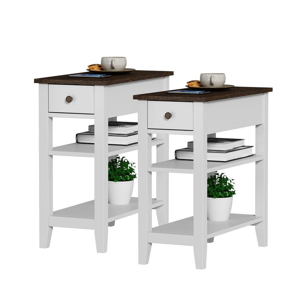 ChooChoo Side Table Living Room, Narrow End Table with Drawer and Shelf, 3-Tier Sofa End Table for Small Space, Espresso