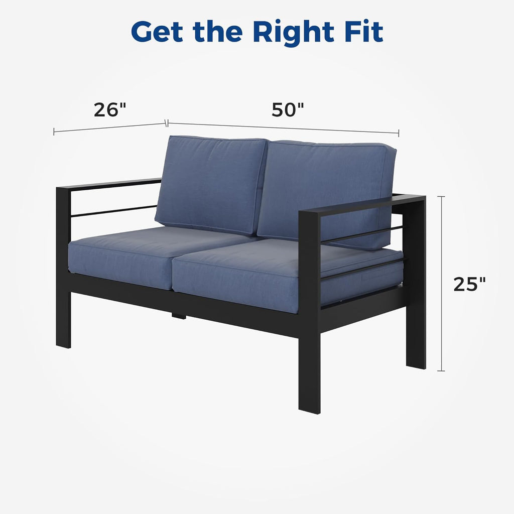 Wisteria Lane Patio Furniture Aluminum Loveseat, All-Weather Outdoor 2 Seats Sofa Couch, Black Metal Chair with Blue Cushions