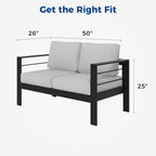 Wisteria Lane Patio Furniture Aluminum Loveseat, All-Weather Outdoor 2 Seats Sofa Couch, Black Metal Chair with Light Grey Cushions