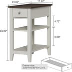 ChooChoo Side Table Living Room Set of 2, Narrow End Table with Drawer and Shelf, 3-Tier Sofa End Table for Small Space, White and Brown