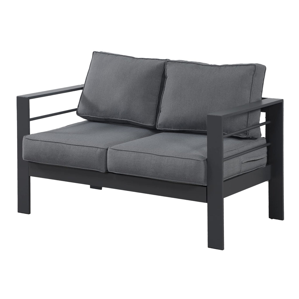 Wisteria Lane Patio Furniture Aluminum Loveseat, All-Weather Outdoor 2 Seats Sofa Couch, Black Metal Chair with Light Grey Cushions