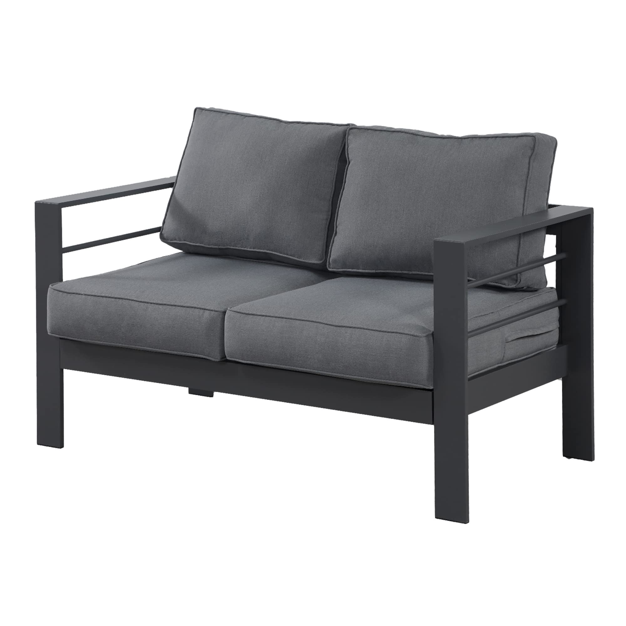 Wisteria Lane Patio Furniture Aluminum Loveseat, All-Weather Outdoor 2 Seats Sofa Couch, Black Metal Chair with Light Grey Cushions