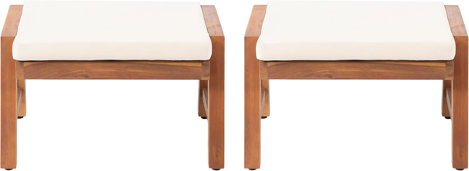 Temecula Outdoor Ottomans with Cushion (Set of 2) - Acacia Wood - Brown/Cream