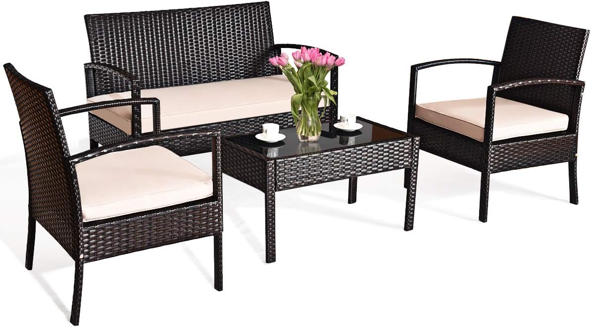 Tangkula 4 Piece Rattan Patio Furniture Set, All Weather Heavy Duty Wicker Outdoor Conversation Set, Includes Loveseat Bench, Single Chairs and Coffee Table, for Porch, Backyard, Garden, Poolside (1)