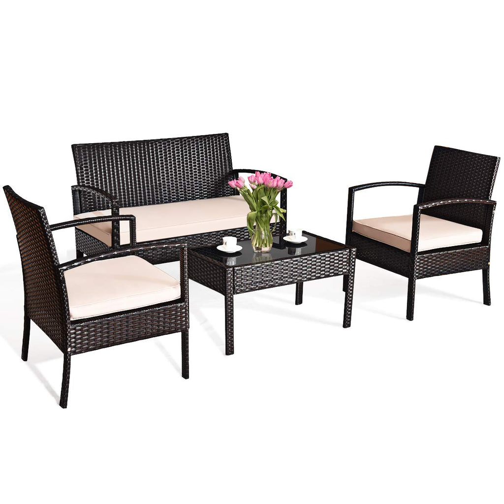 Tangkula 4 Piece Rattan Patio Furniture Set, All Weather Heavy Duty Wicker Outdoor Conversation Set, Includes Loveseat Bench, Single Chairs and Coffee Table, for Porch, Backyard, Garden, Poolside (1)