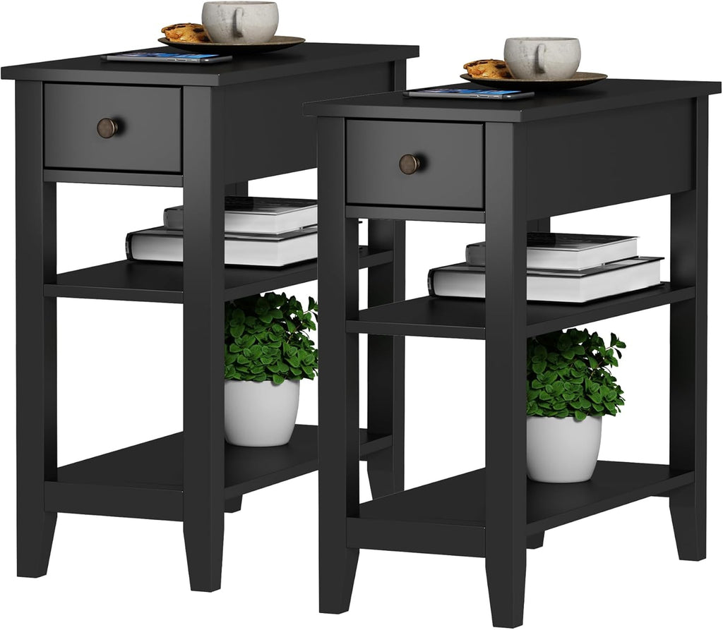 ChooChoo Side Table Living Room Set of 2, Narrow End Table with Drawer and Shelf, 3-Tier Sofa End Table for Small Space, White and Brown