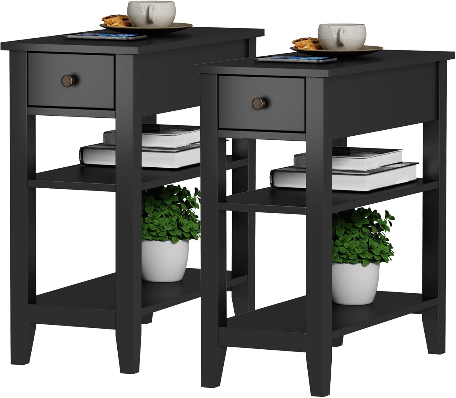 ChooChoo Side Table Living Room Set of 2, Narrow End Table with Drawer and Shelf, 3-Tier Sofa End Table for Small Space, White and Brown