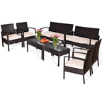 Tangkula 4 Piece Rattan Patio Furniture Set, All Weather Heavy Duty Wicker Outdoor Conversation Set, Includes Loveseat Bench, Single Chairs and Coffee Table, for Porch, Backyard, Garden, Poolside (1)