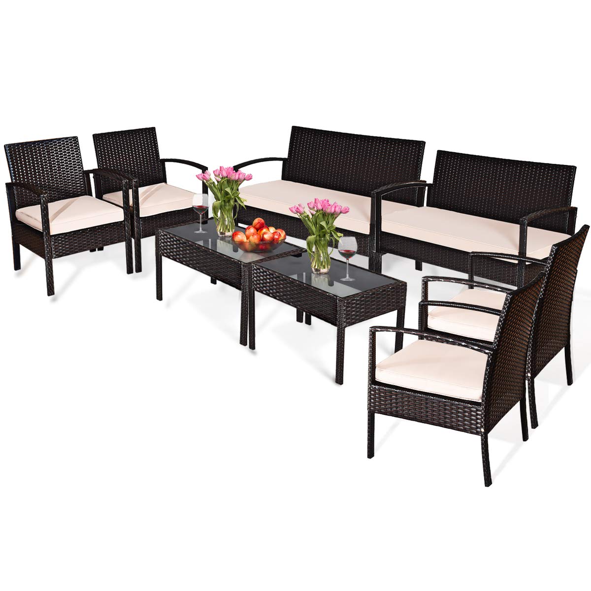 Tangkula 4 Piece Rattan Patio Furniture Set, All Weather Heavy Duty Wicker Outdoor Conversation Set, Includes Loveseat Bench, Single Chairs and Coffee Table, for Porch, Backyard, Garden, Poolside (1)