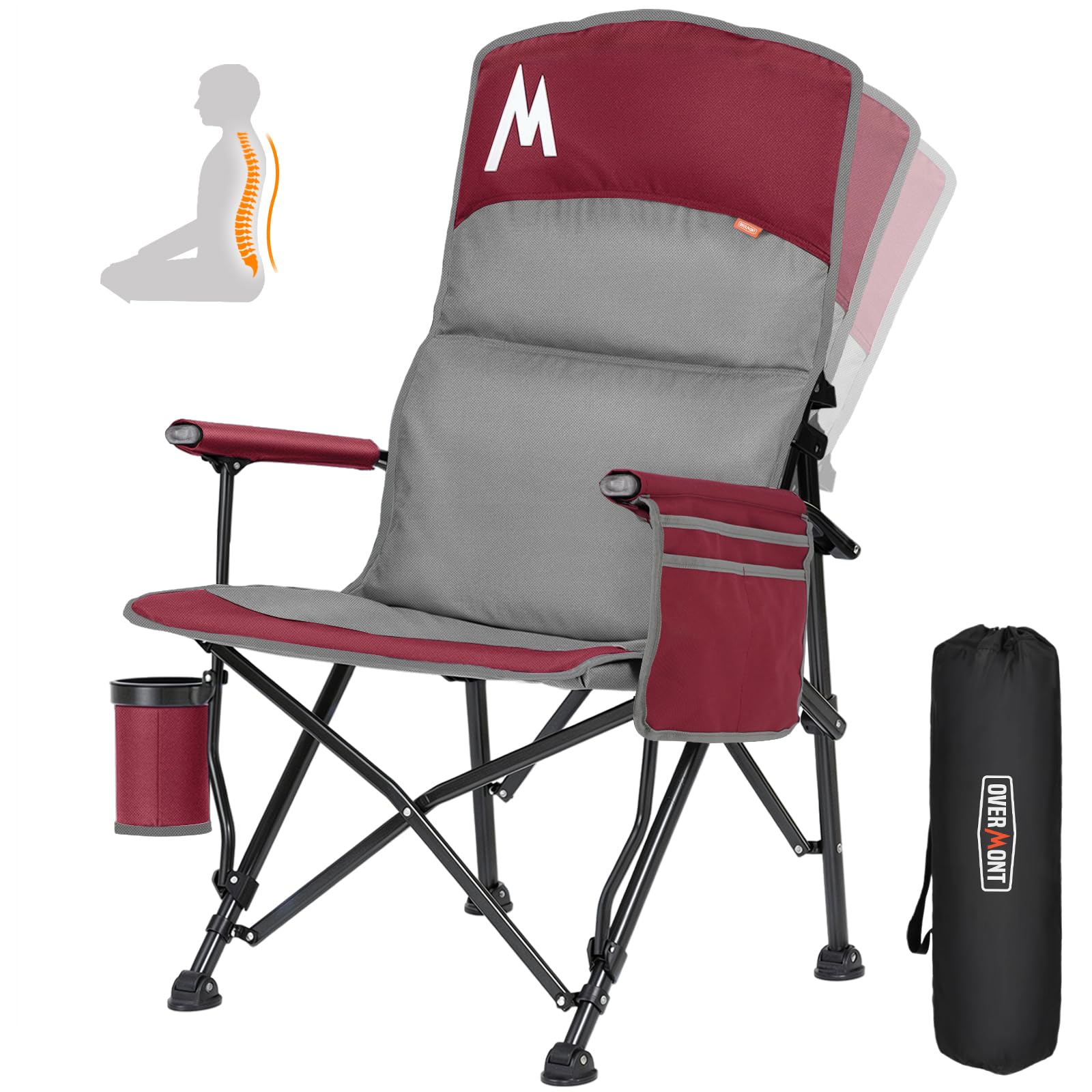 Overmont Camping Chair with Lumbar Support for Adults - Oversized with High Back Supports 450 LBS - Heavy Duty Folding Chair Portable for Outdoor Lawn Patio Balcony with Patent No.: US D1.028.543 S