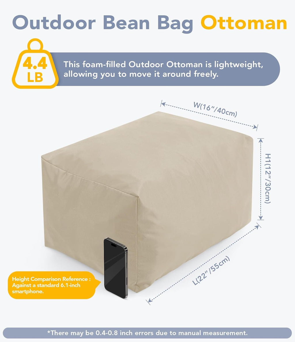 Outdoor Patio Bean Bag Ottoman - Small Beanbag Foot Rest Pouf Rectangular with Shredded Foam Filling, Splash-Proof Detachable Zipper Cover for Relaxing, Beige