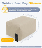 Outdoor Patio Bean Bag Ottoman - Small Beanbag Foot Rest Pouf Rectangular with Shredded Foam Filling, Splash-Proof Detachable Zipper Cover for Relaxing, Beige