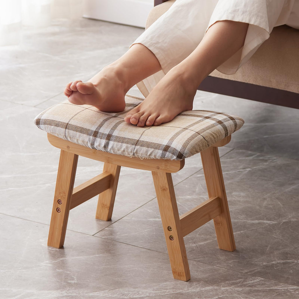 Kitsanery Foot Stool,Ottoman,Bamboo Small Sofa Foot Rest Under Desk,Extra Seating for Living Room, Bedroom and Kitchen (Natural Stool Legs - Beige Surface)