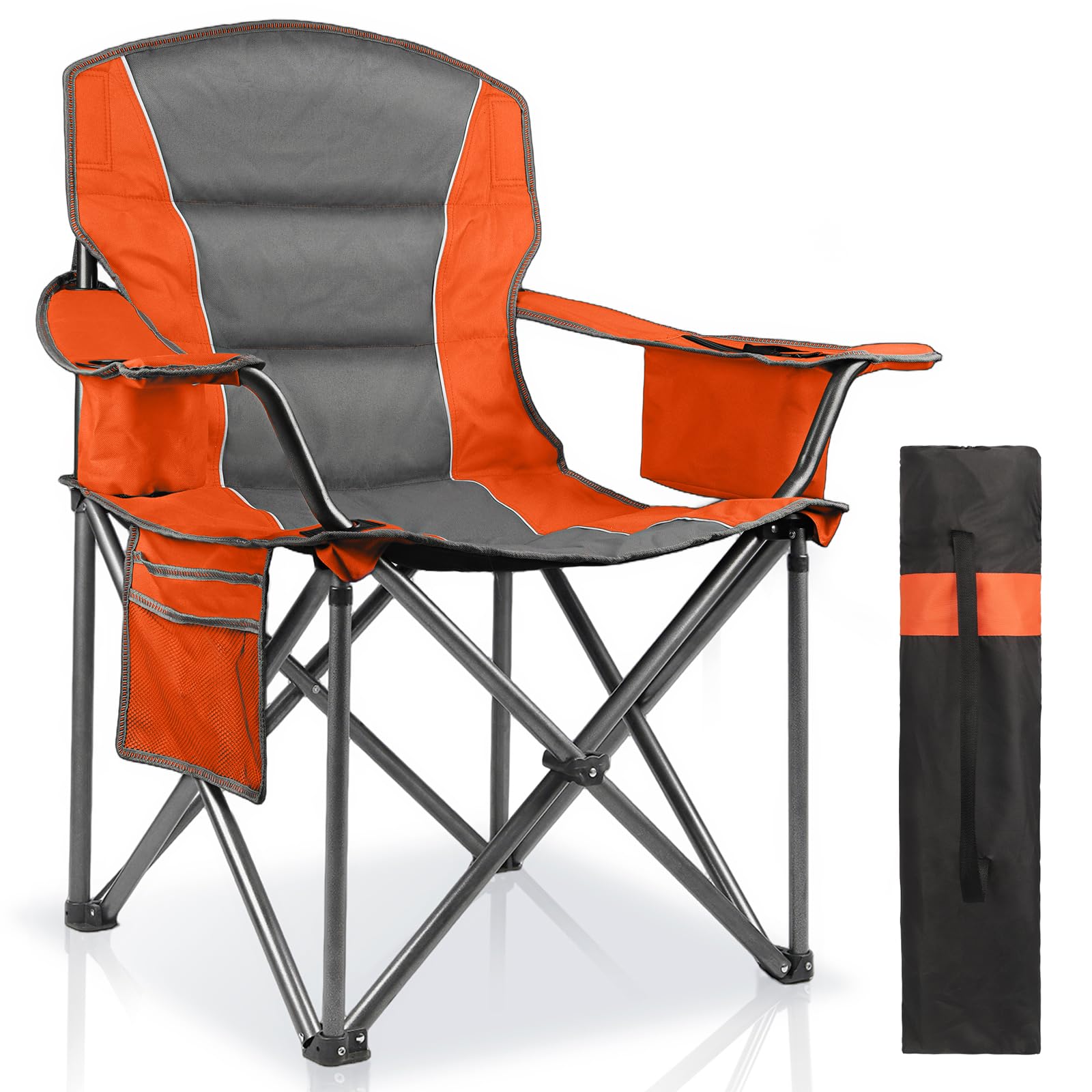 Oversized Padded Camping Chairs for Adults,Heavy Duty Support 400 Lbs,Folding Portable Lawn Chair w/Cup Holder,Cooler Bag,Side Pocket,Perfect for Outdoor Picnic,Hiking(Black)