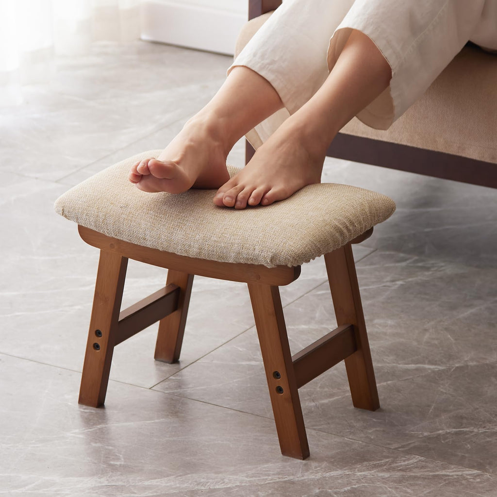 Kitsanery Foot Stool,Ottoman,Bamboo Small Sofa Foot Rest Under Desk,Extra Seating for Living Room, Bedroom and Kitchen (Natural Stool Legs - Beige Surface)