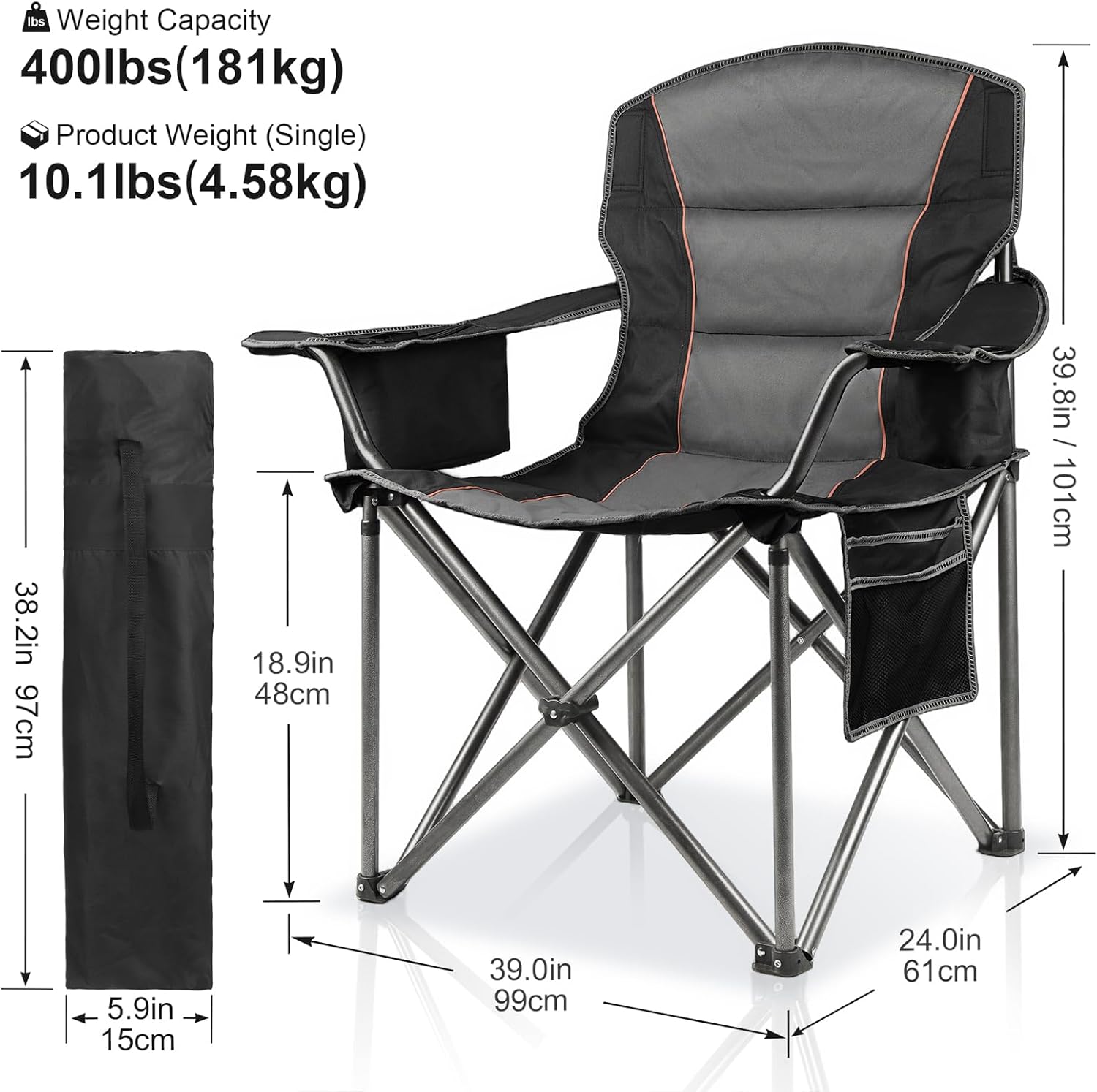 Oversized Padded Camping Chairs for Adults,Heavy Duty Support 400 Lbs,Folding Portable Lawn Chair w/Cup Holder,Cooler Bag,Side Pocket,Perfect for Outdoor Picnic,Hiking(Black)