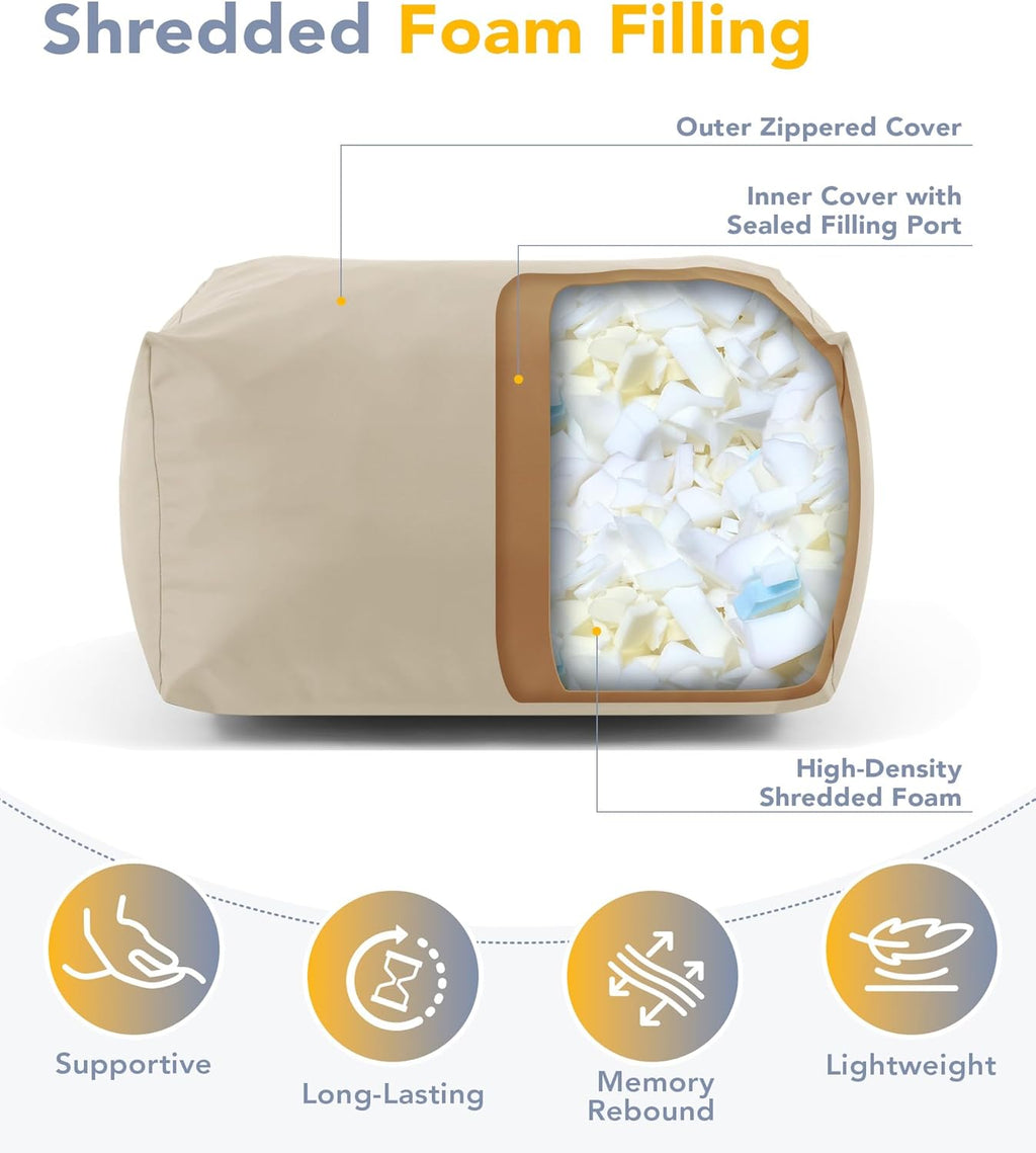 Outdoor Patio Bean Bag Ottoman - Small Beanbag Foot Rest Pouf Rectangular with Shredded Foam Filling, Splash-Proof Detachable Zipper Cover for Relaxing, Beige