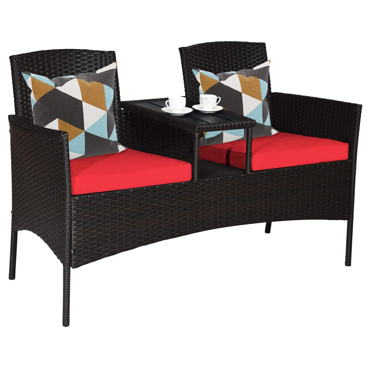 Tangkula Outdoor Rattan Loveseat, Patio Conversation Set with Cushions & Table, Modern Patented Wicker Sofa Set with Built-in Coffee Table, Rattan Sofas for Garden Lawn Backyard