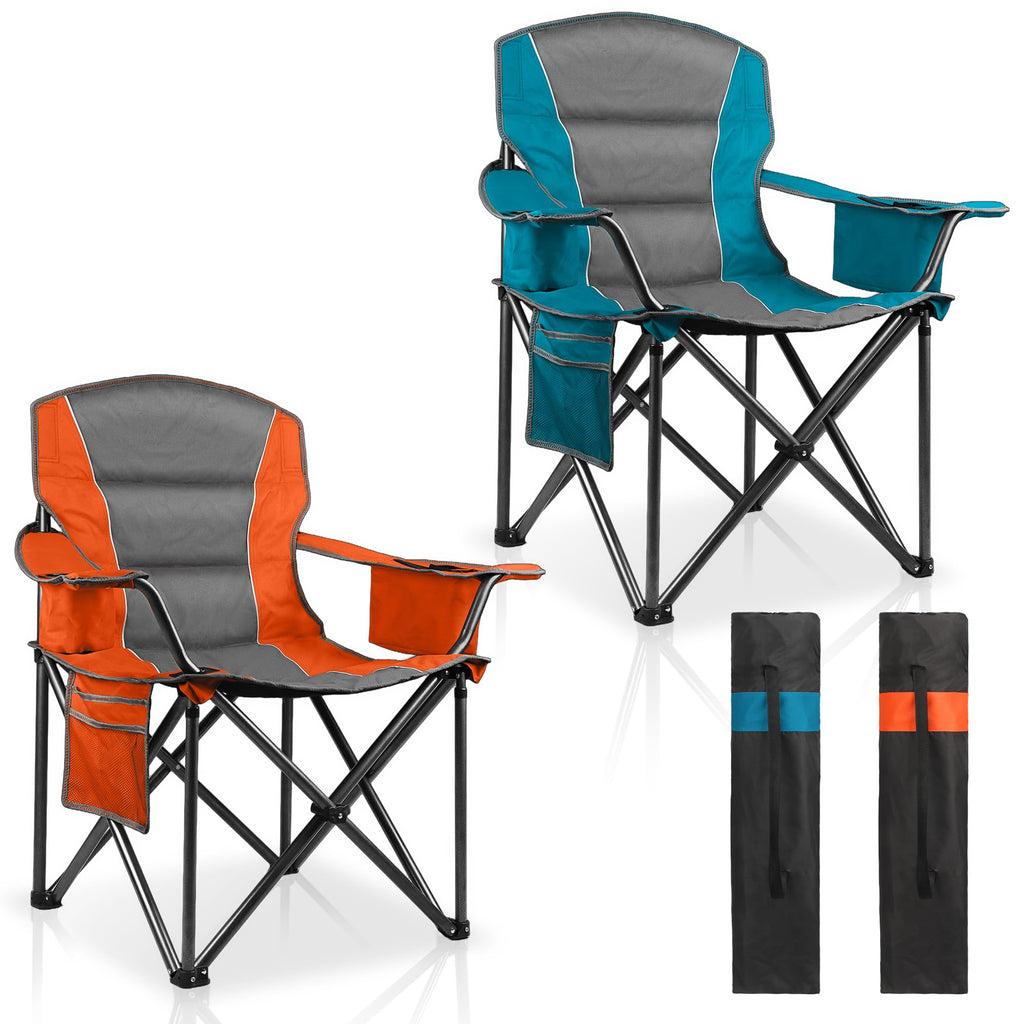 Oversized Padded Camping Chairs for Adults,Heavy Duty Support 400 Lbs,Folding Portable Lawn Chair w/Cup Holder,Cooler Bag,Side Pocket,Perfect for Outdoor Picnic,Hiking(Black)