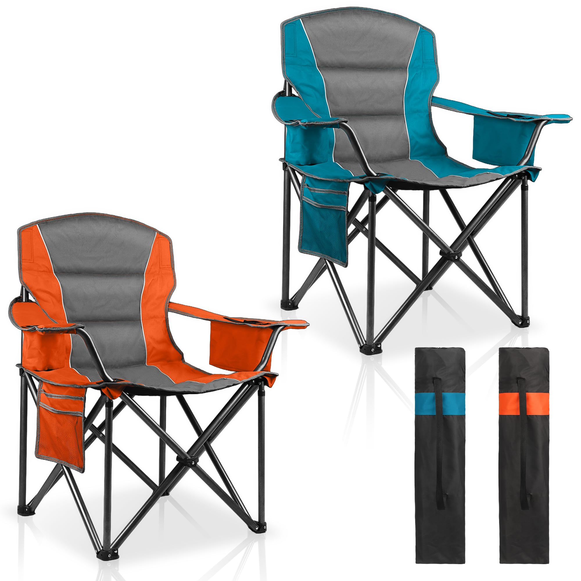 Oversized Padded Camping Chairs for Adults,Heavy Duty Support 400 Lbs,Folding Portable Lawn Chair w/Cup Holder,Cooler Bag,Side Pocket,Perfect for Outdoor Picnic,Hiking(Black)