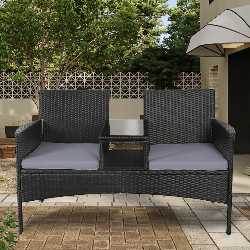 Modern Rattan Outdoor Loveseat 2-Seat Patio Conversation Set with Cushions and Built-in Coffee Table, All-Weather PE Wicker Patio Furniture for Balcony Porch Backyard (Black+Gery)