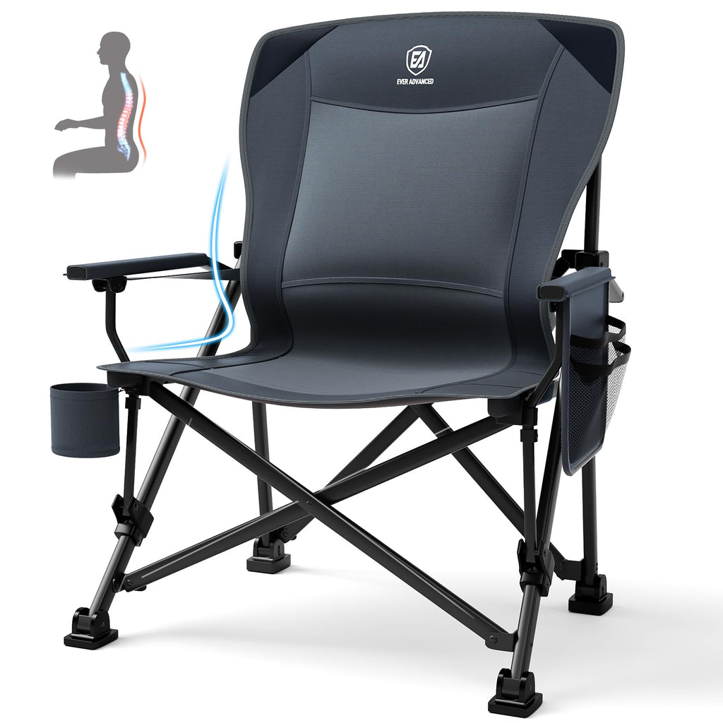 EVER ADVANCED Oversized Folding Camping Chair for Adults with Adjustable Lumbar Support, Heavy Duty Chair with Side Pockets, Portable Collapsible Quad Chair for Outside