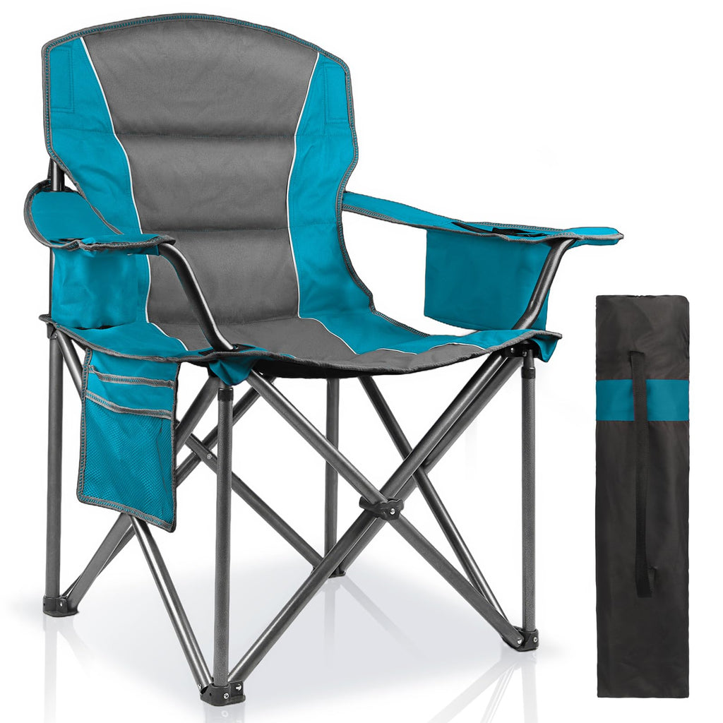 Oversized Padded Camping Chairs for Adults,Heavy Duty Support 400 Lbs,Folding Portable Lawn Chair w/Cup Holder,Cooler Bag,Side Pocket,Perfect for Outdoor Picnic,Hiking(Black)