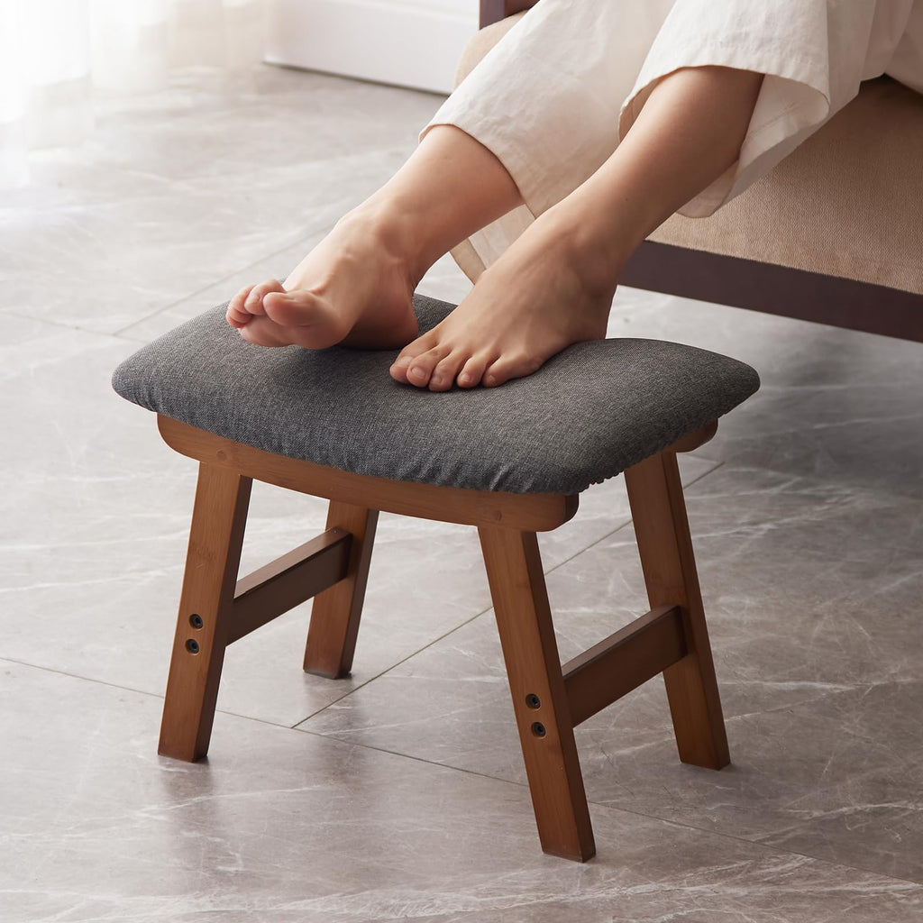 Kitsanery Foot Stool,Ottoman,Bamboo Small Sofa Foot Rest Under Desk,Extra Seating for Living Room, Bedroom and Kitchen (Natural Stool Legs - Beige Surface)