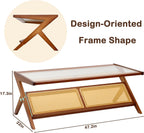 Bamboo Coffee Table, Accent Rattan Coffee Table with Glass Top, Mid-Century Wooden Center Tables, Modern Sofa Side Tea Tables with Storage for Living Room, Walnut