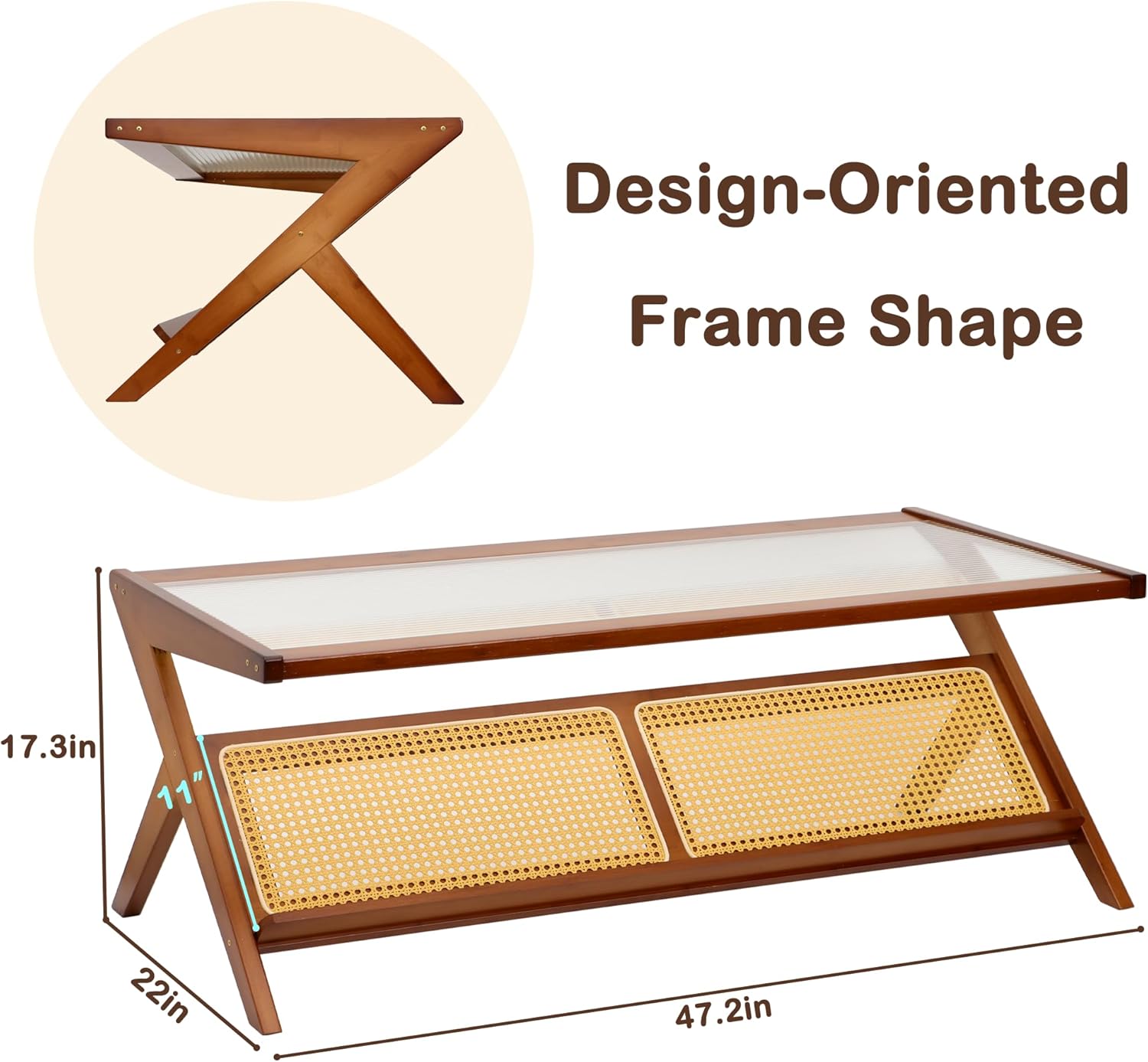 Bamboo Coffee Table, Accent Rattan Coffee Table with Glass Top, Mid-Century Wooden Center Tables, Modern Sofa Side Tea Tables with Storage for Living Room, Walnut