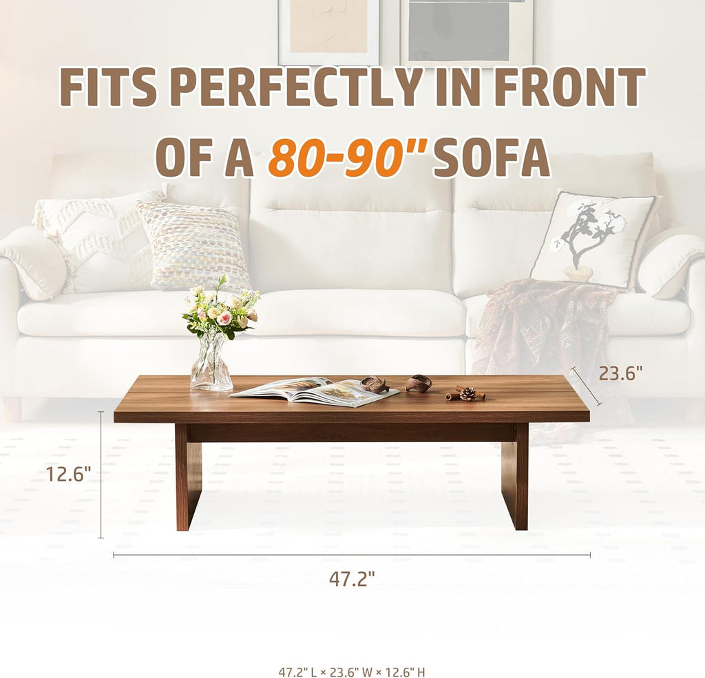 Rectangle Coffee Table, 47" Modern Walnut Living Room Table with Wood Grain Surface, Low Profile Center Table, Japanese Tea Table, 2-Leg Design for Small Apartment Sofa, Walnut Brown