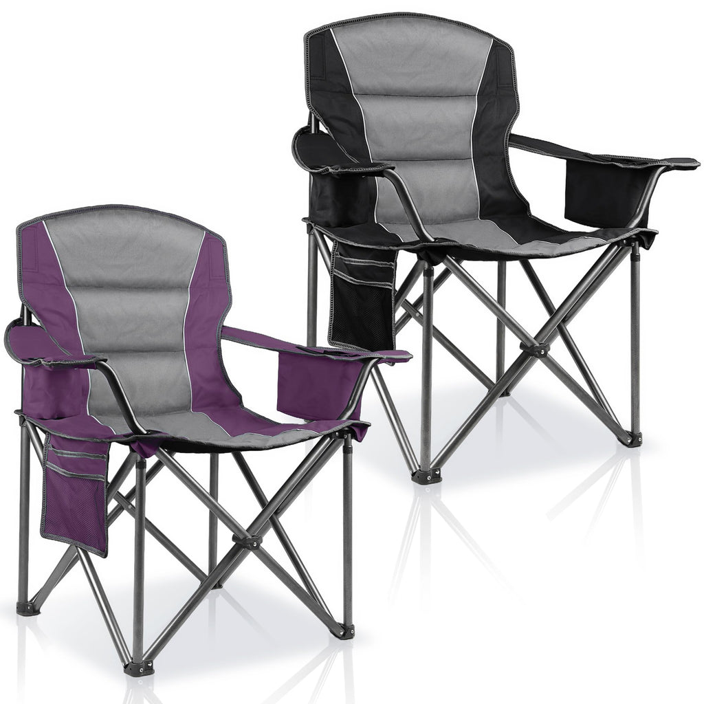 Oversized Padded Camping Chairs for Adults,Heavy Duty Support 400 Lbs,Folding Portable Lawn Chair w/Cup Holder,Cooler Bag,Side Pocket,Perfect for Outdoor Picnic,Hiking(Black)