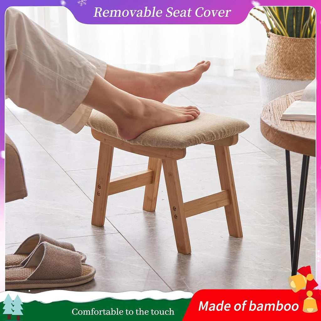 Kitsanery Foot Stool,Ottoman,Bamboo Small Sofa Foot Rest Under Desk,Extra Seating for Living Room, Bedroom and Kitchen (Natural Stool Legs - Beige Surface)