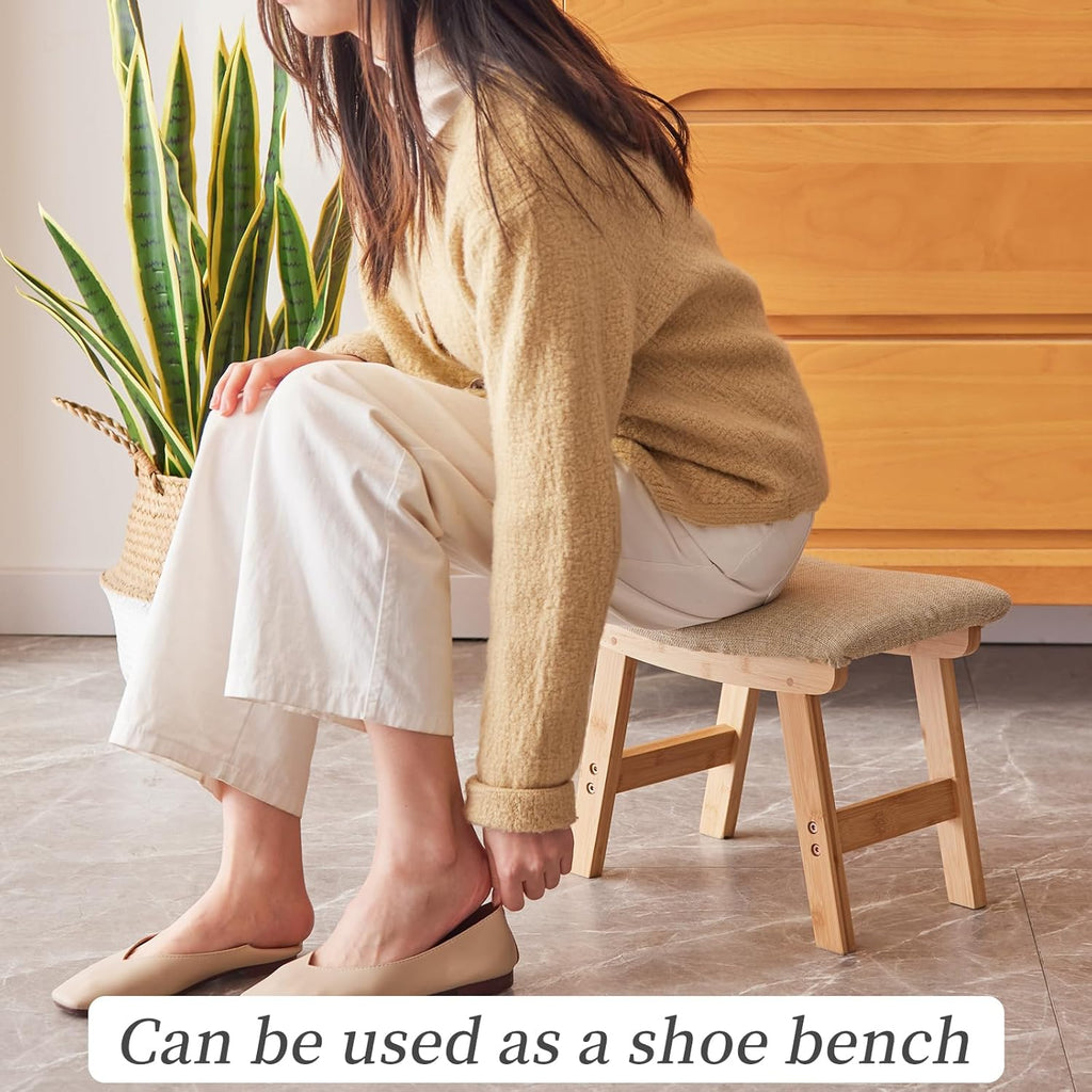 Kitsanery Foot Stool,Ottoman,Bamboo Small Sofa Foot Rest Under Desk,Extra Seating for Living Room, Bedroom and Kitchen (Natural Stool Legs - Beige Surface)