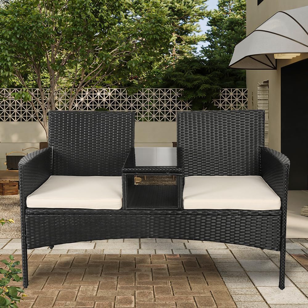 Modern Rattan Outdoor Loveseat 2-Seat Patio Conversation Set with Cushions and Built-in Coffee Table, All-Weather PE Wicker Patio Furniture for Balcony Porch Backyard (Black+White)