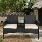 Modern Rattan Outdoor Loveseat 2-Seat Patio Conversation Set with Cushions and Built-in Coffee Table, All-Weather PE Wicker Patio Furniture for Balcony Porch Backyard (Black+White)