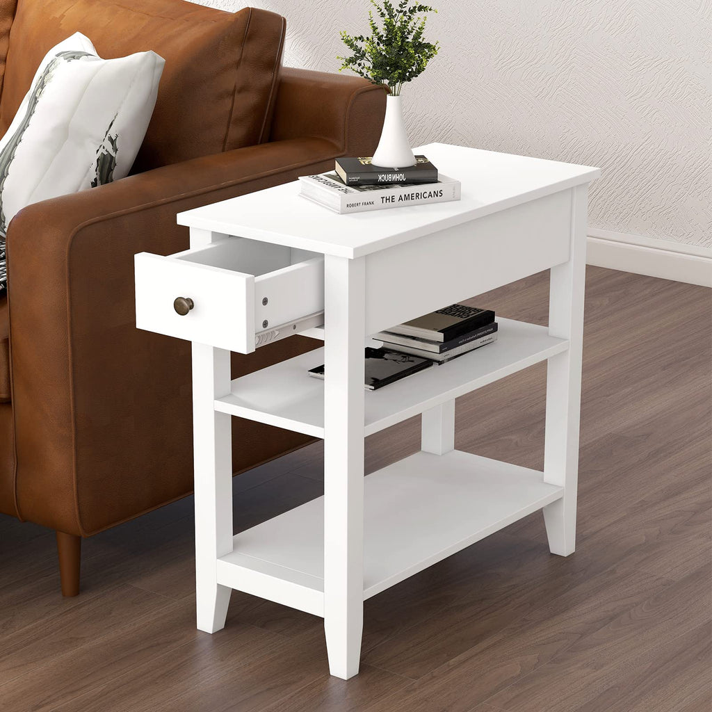 ChooChoo Side Table Living Room Set of 2, Narrow End Table with Drawer and Shelf, 3-Tier Sofa End Table for Small Space, White and Brown